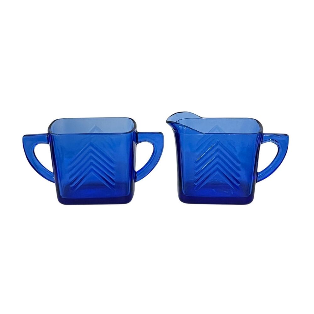 Vintage Hazel Atlas Cobalt Blue Art Deco Chevron Glass‎ Creamer Sugar Set